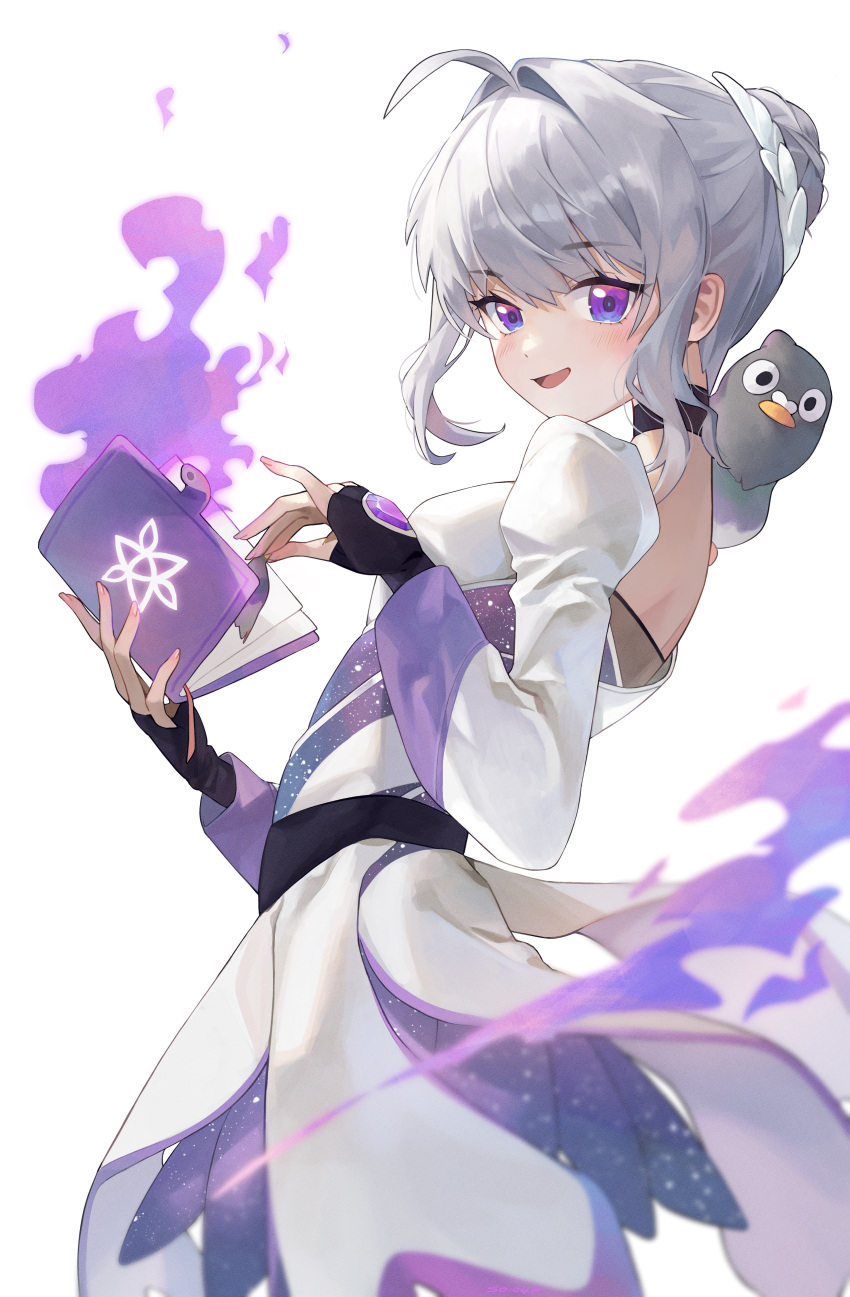 1girl, absurdres, black_gloves, book, fingerless_gloves, fire, gloves, highres