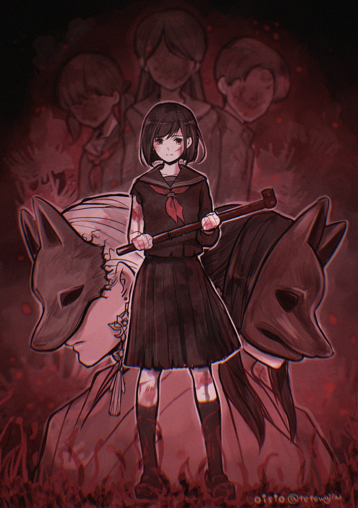 2boys, 3girls, artist_name, black_hair, black_sailor_collar, black_serafuku, black_shirt, black_shoes
