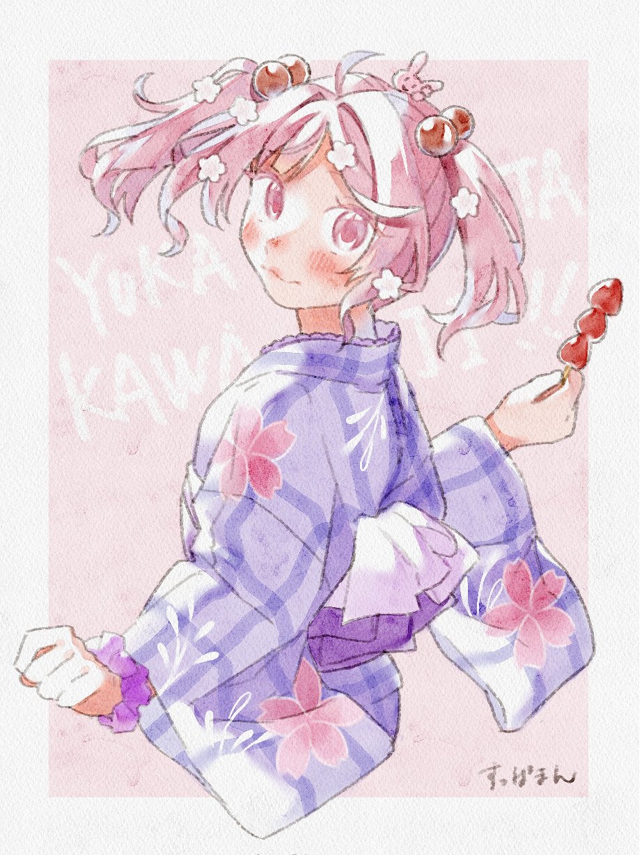 1girl, ahoge, animal_on_head, dango, floral_print, food, from_behind, gingham_kimono