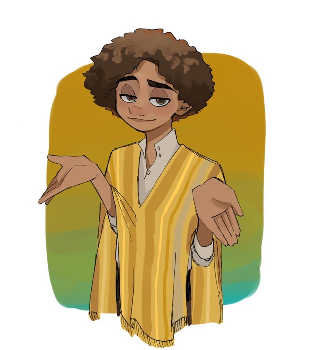 1boy, afro, brown_eyes, brown_hair, camilo_madrigal, colombian_clothes, curly_hair, dark-skinned_female, dark-skinned_male, dark_skin, encanto, male_focus, poncho, shirt, short_hair, simple_background, user_gumu3228, white_shirt, yellow_poncho