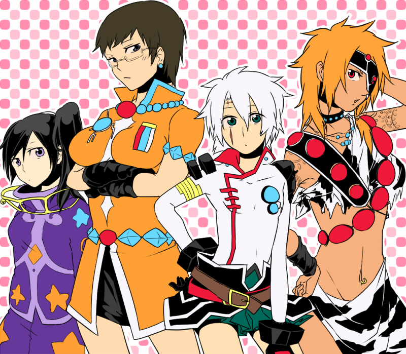4girls, artist_request, black_hair, breast_lift, breasts, brown_eyes, brown_hair, choker