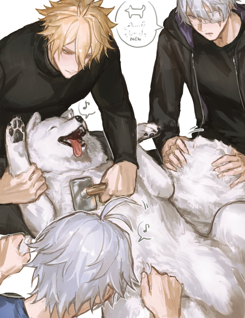 3boys, absurdres, antenna_hair, black_hoodie, black_shirt, black_sweater, blonde_hair, blue_eyes