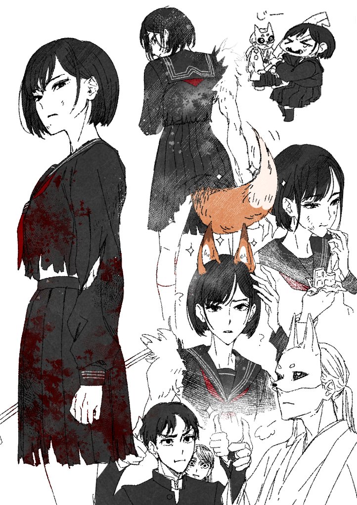 2boys, 2girls, ?, animal_ears, black_hair, black_jacket, black_sailor_collar, black_sclera