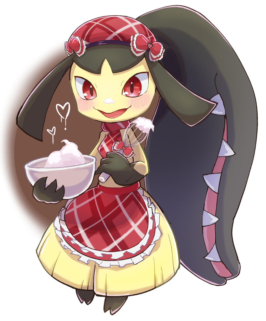 absurdres, apron, blush, bow, full_body, hat, hat_bow, heart