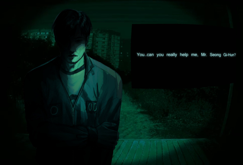 1boy, absurdres, agremur, black_hair, clothes_writing, dark, english_text, facing_viewer