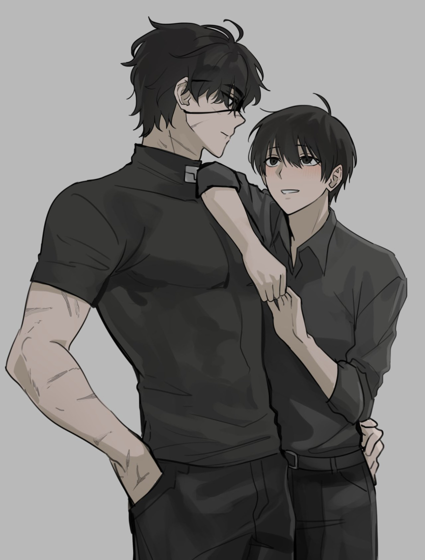 2boys, ahoge, arm_on_another's_shoulder, black_eyes, black_hair, cowboy_shot, crew_neck, eyepatch, grin, hand_in_pocket, hand_on_another's_waist, highres, kim_dokja, looking_at_another, male_focus, multiple_boys, multiple_scars, muscular, muscular_male, omniscient_reader's_viewpoint, scar, scar_on_arm, scar_on_face, secretive_plotter, short_hair, smile, taotaille