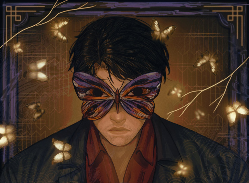 agremur, black_coat, black_hair, border, branch, bug, butterfly, butterfly_on_face