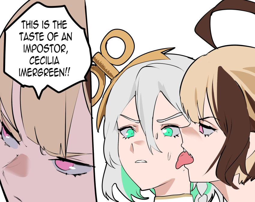 2girls, ahoge, brown_hair, cecilia_immergreen, daaku_(koizumi_arata), gigi_murin, green_eyes, green_hair