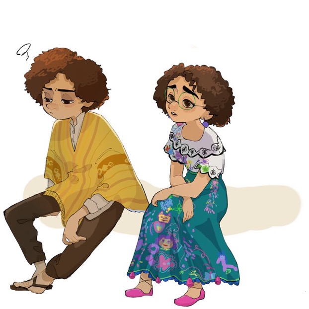1boy, 1girl, afro, brown_eyes, brown_hair, camilo_madrigal, colombian_clothes, curly_hair