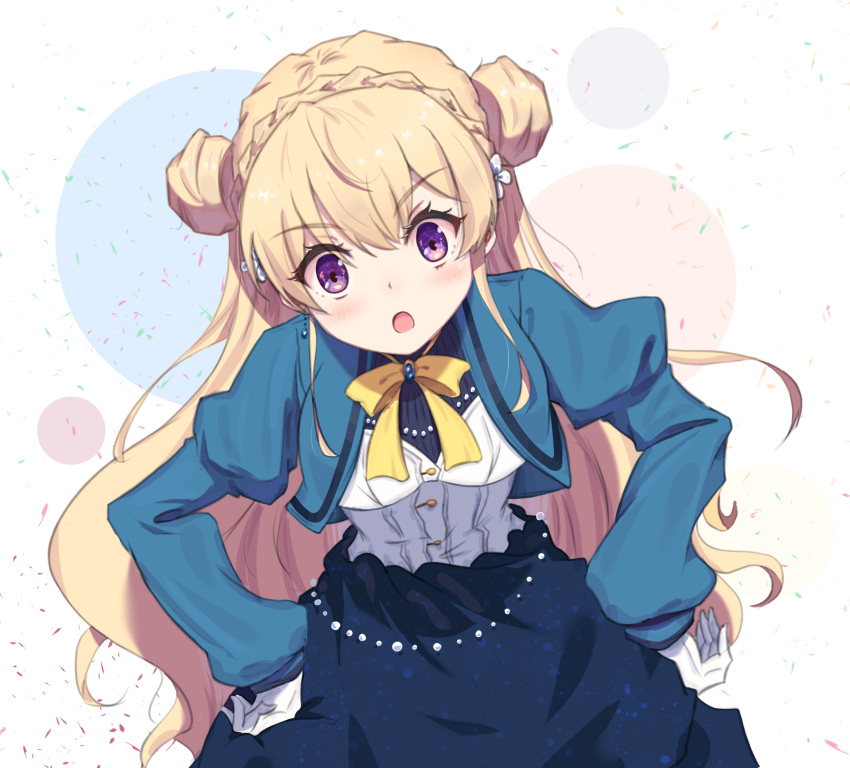1girl, blonde_hair, bow, bowtie, double_bun, dress, flower, gloves