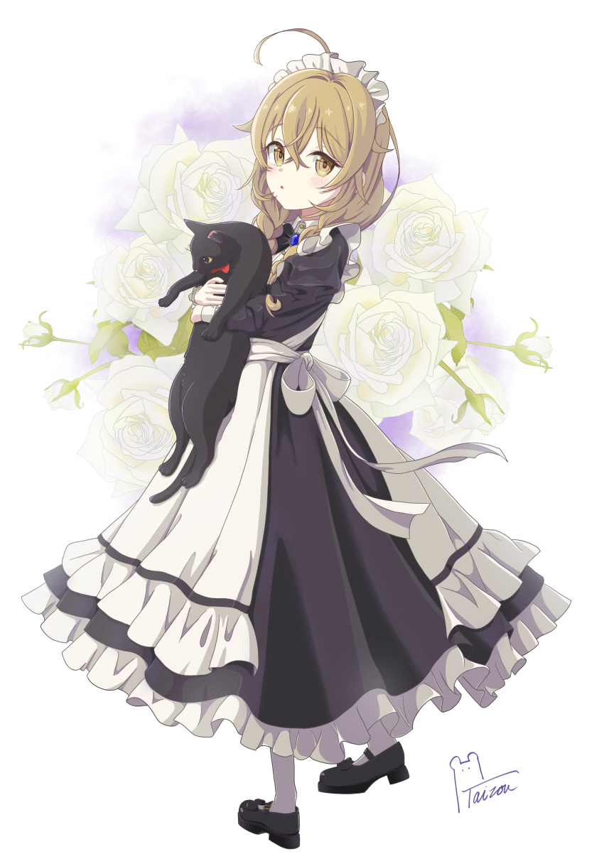 1girl, absurdres, ahoge, animal, apron, black_cat, black_dress, black_shoes