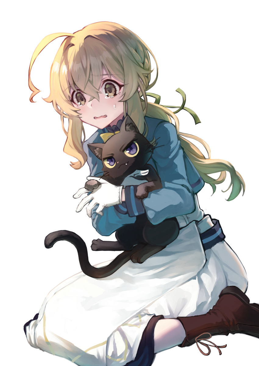 1girl, absurdres, ahoge, aqua_jacket, boots, brown_boots, brown_hair, cat