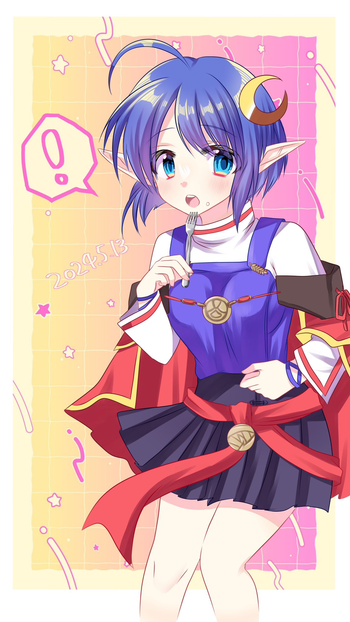 !, 1girl, :o, ahoge, black_skirt, blue_eyes, blue_hair, blue_shirt