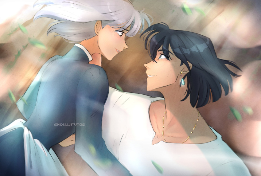 1boy, 1girl, apron, black_hair, blue_dress, blush, brown_eyes, commentary, dress, earrings, eye_contact, grey_hair, highres, howl_no_ugoku_shiro, howl_pendragon, jewelry, looking_at_another, medium_hair, michela_fiori, necklace, shirt, short_hair, smile, sophie_hatter, turtleneck, turtleneck_dress, twitter_username, white_apron, white_shirt