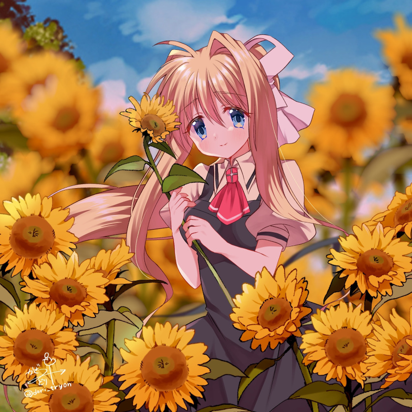 1girl, air_(visual_novel), ascot, black_dress, blonde_hair, blue_eyes, blurry, blurry_background