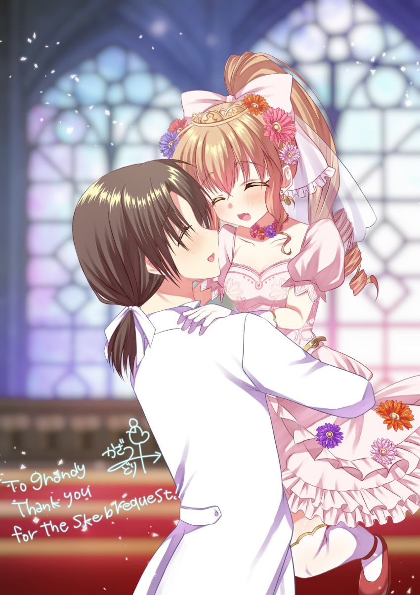 1boy, 1girl, ashton_anchors, blurry, blurry_background, blush, bow, bride, brown_hair, choker, closed_eyes, commission, dress, dress_flower, drill_hair, english_text, fang, flower, flower_choker, frilled_bow, frills, gloves, groom, hair_between_eyes, hair_bow, hair_flower, hair_ornament, hair_ribbon, hetero, highres, kazemidori, lifting_person, light_particles, long_hair, official_alternate_costume, open_mouth, over-kneehighs, pink_dress, ponytail, precis_neumann, puffy_short_sleeves, puffy_sleeves, red_flower, ribbon, short_sleeves, skeb_commission, skin_fang, smile, socks, star_ocean, star_ocean:_anamnesis, star_ocean:_the_second_story, suit, thigh-highs, wedding, wedding_dress, white_bow, white_gloves, white_ribbon, white_socks, white_suit