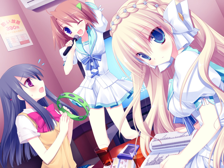 3girls, black_hair, blonde_hair, game_cg, kicking_horse_rhapsody, microphone, miyasu_risa, orina_nobara