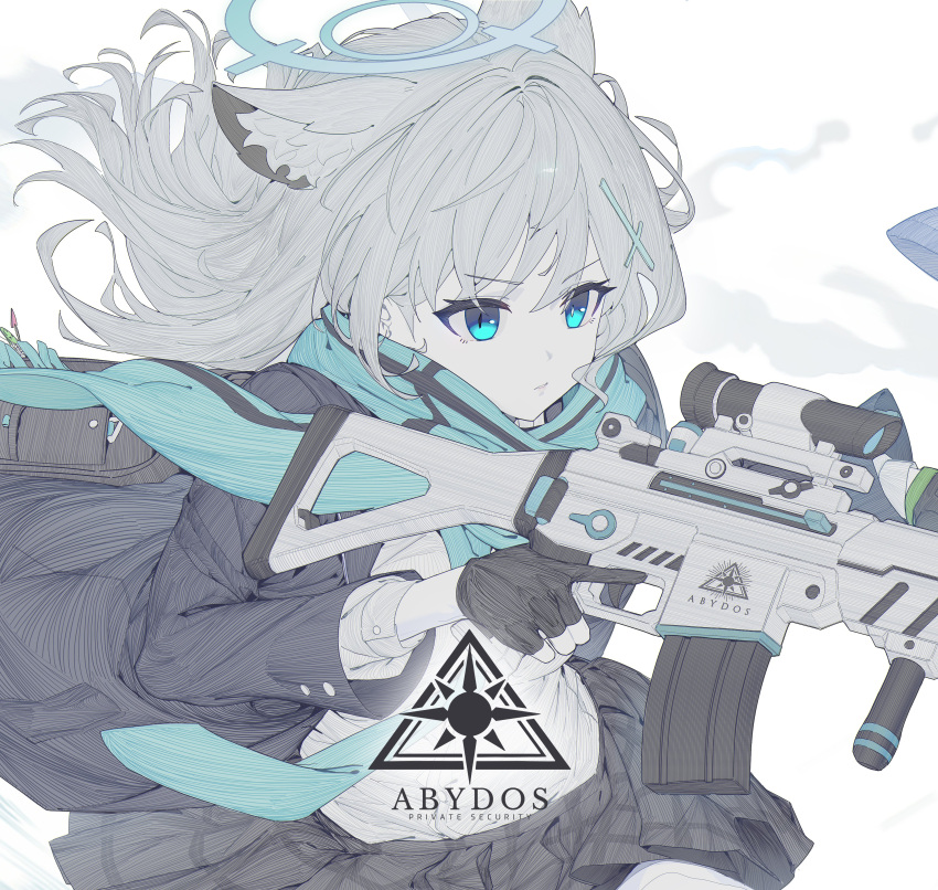 1girl, absurdres, abydos_high_school_logo, animal_ear_fluff, animal_ears, aqua_scarf, assault_rifle, bag