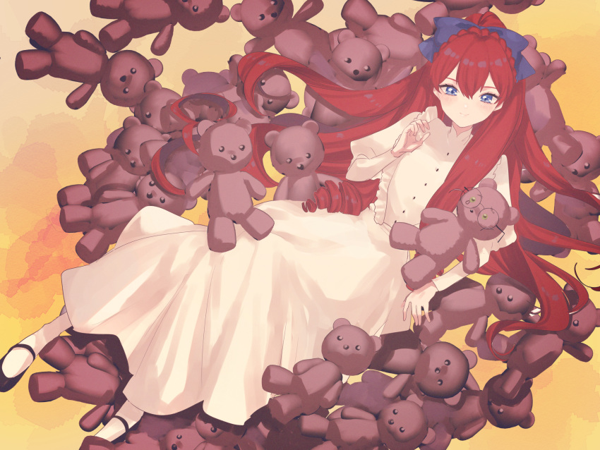 1girl, annelise_flagellum_(niboshi), black_shoes, blue_bow, blue_eyes, bow, closed_mouth, commentary_request