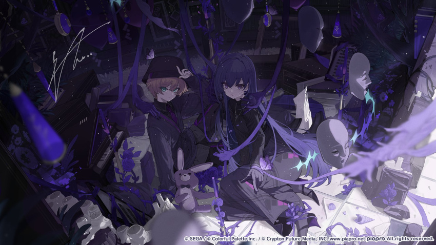 1boy, 1girl, 25-ji_len, aqua_eyes, arm_support, asahina_mafuyu, asymmetrical_sidelocks, black_gloves