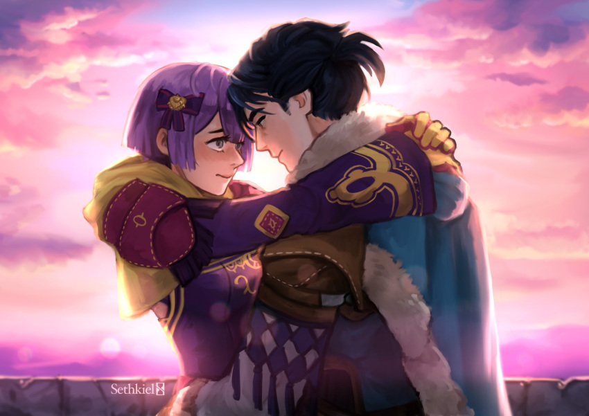 1boy, 1girl, aqua_cape, artist_name, balcony, bernadetta_von_varley, bernadetta_von_varley_(timeskip), black_hair