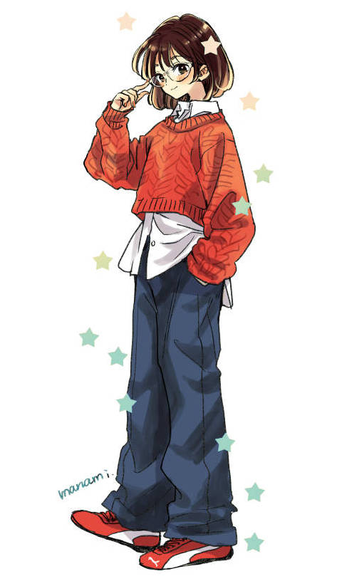 1girl, adjusting_eyewear, artist_name, blue_pants, blush, brown_eyes, brown_hair, closed_mouth