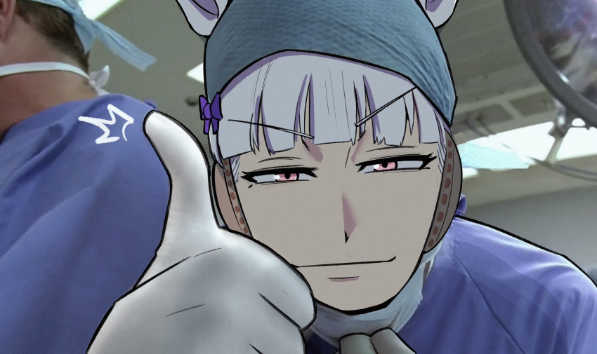 1boy, 1girl, 1other, animal_ears, blunt_bangs, closed_mouth, elbow_gloves, gloves