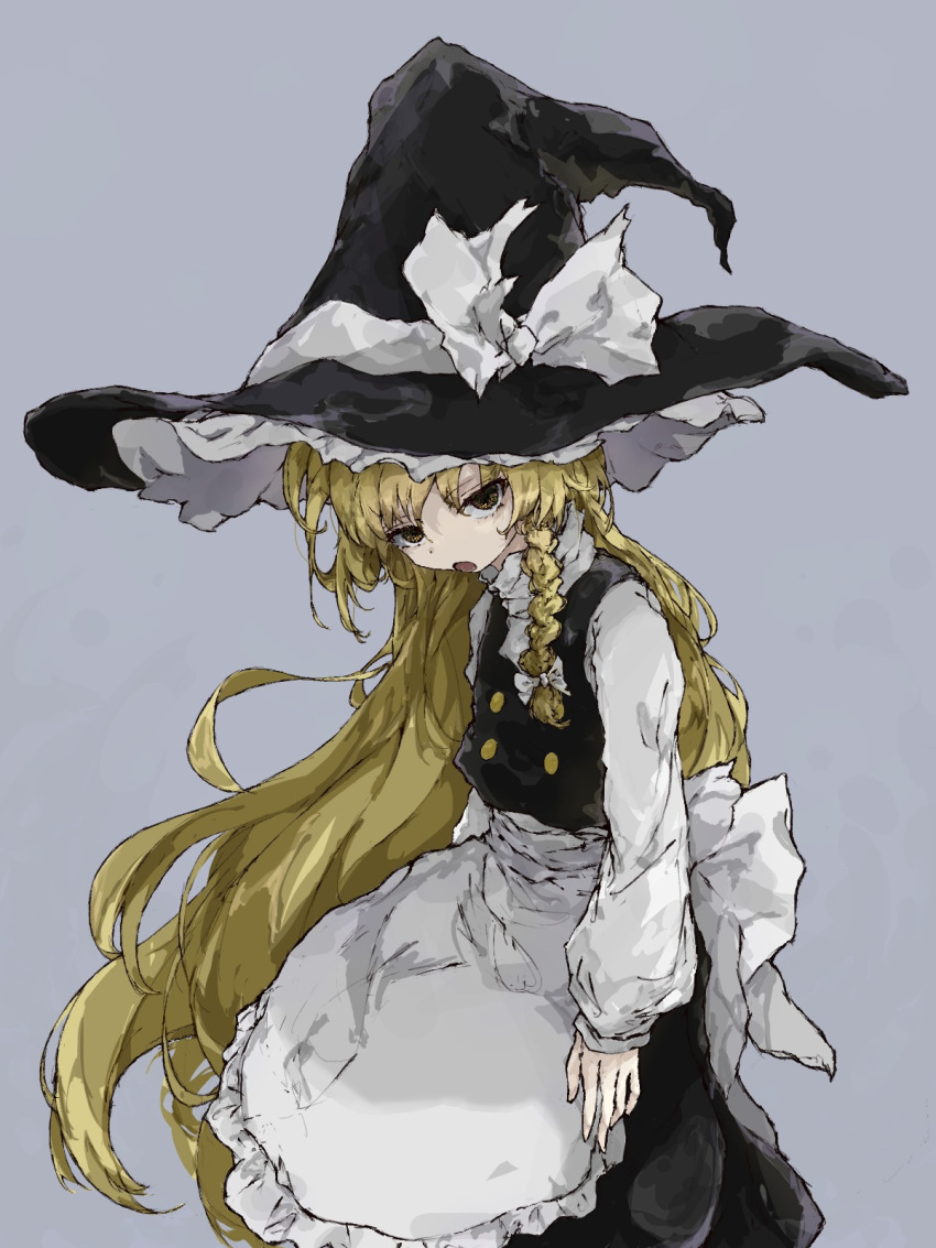 1girl, apron, black_hat, black_skirt, black_vest, buttons, frilled_hairband, frills