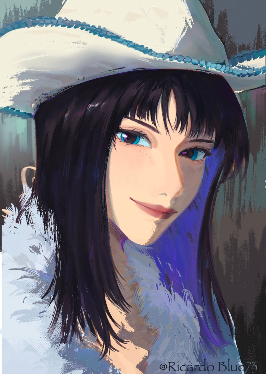 1girl, black_hair, blue_eyes, blunt_bangs, close-up, coat, commentary, eyelashes
