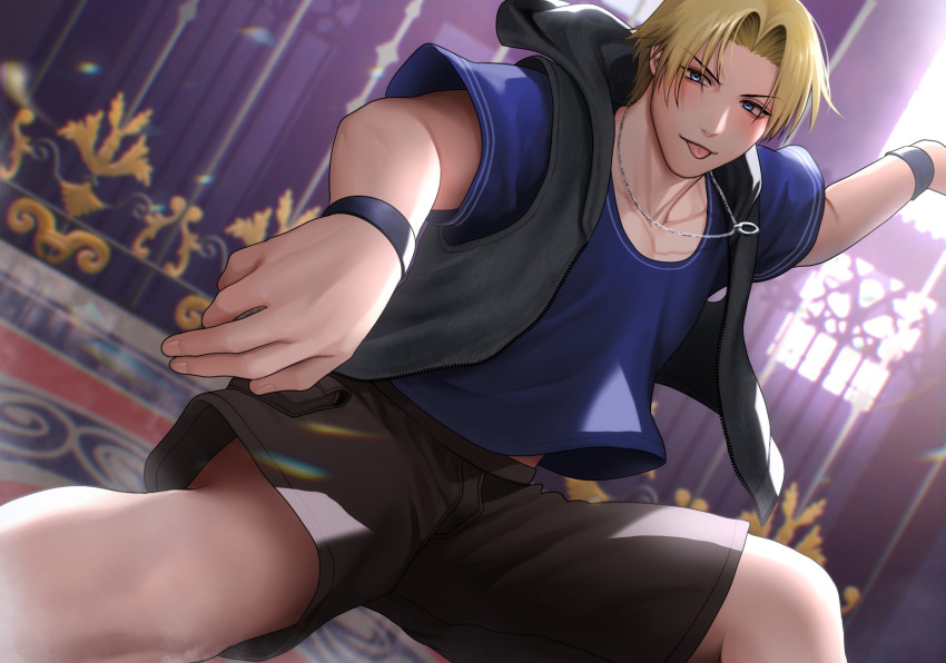 1boy, :p, bitaro, black_shorts, blonde_hair, blue_eyes, blue_shirt, blush