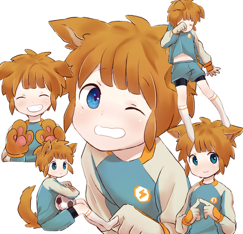 animal_ears, bad_id, bakuhatsuteki_sarada, ball, blue_eyes, brown_hair, gloves, goalkeeper
