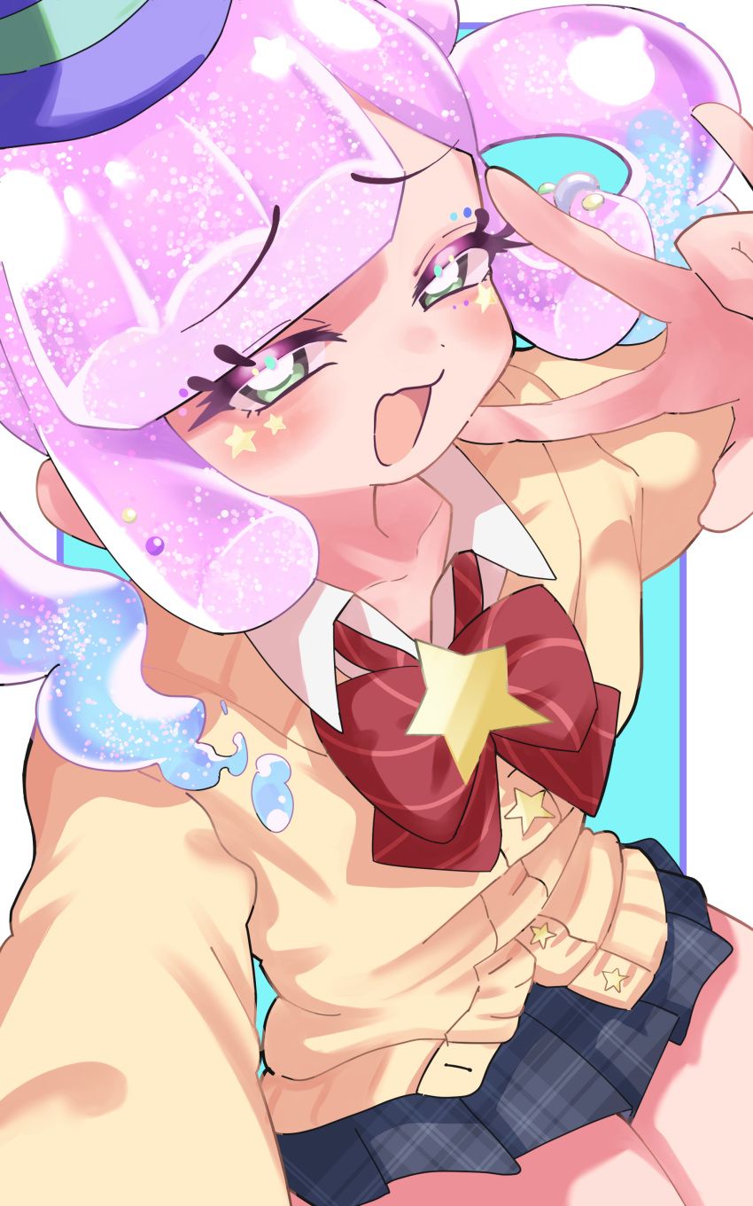 1girl, absurdres, black_skirt, blue_hair, bow, cardigan, duck_ahir, facial_mark