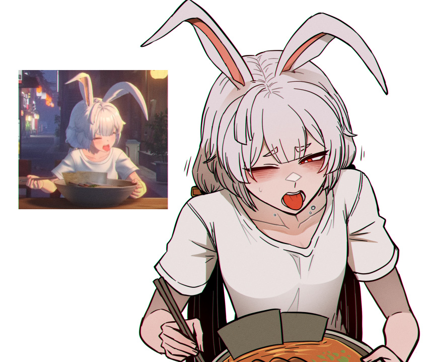 1girl, ananta, animal_ears, chopsticks, collarbone, double-parted_bangs, eating, flat_chest
