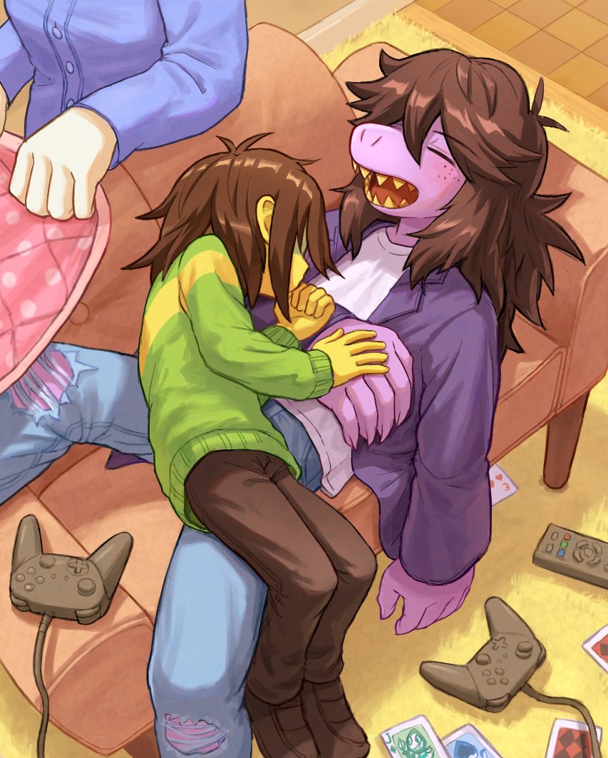 1other, 2girls, amber_graygamma, brown_hair, closed_eyes, colored_skin, controller, couch