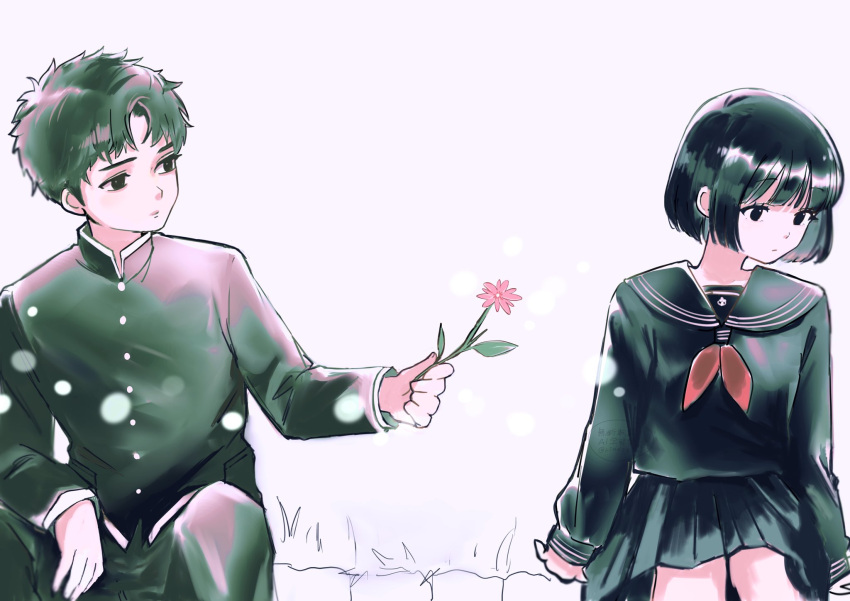 1boy, 1girl, black_hair, black_jacket, black_pants, black_sailor_collar, black_serafuku, black_shirt