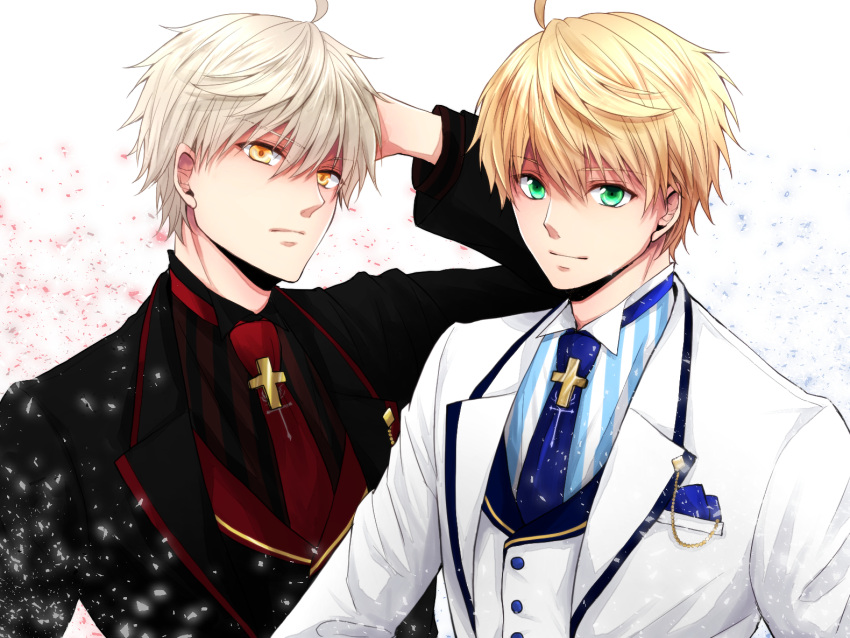 2boys, ahoge, arthur_pendragon_(fate), arthur_pendragon_(white_rose)_(fate), arthur_pendragon_alter_(fate), black_jacket, black_shirt, black_vest