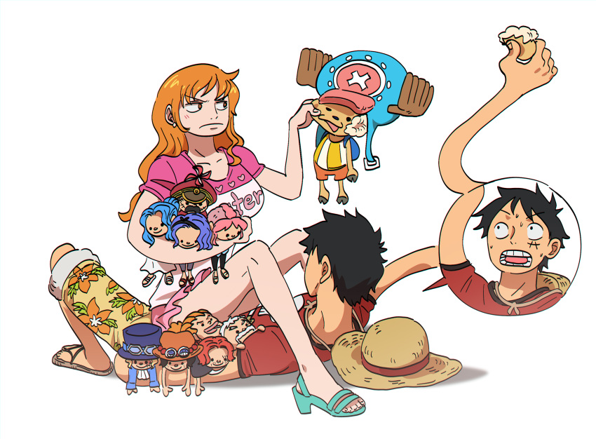 1boy, 1girl, aqua_sandals, bare_arms, bare_legs, bellemere, black_hair, breasts