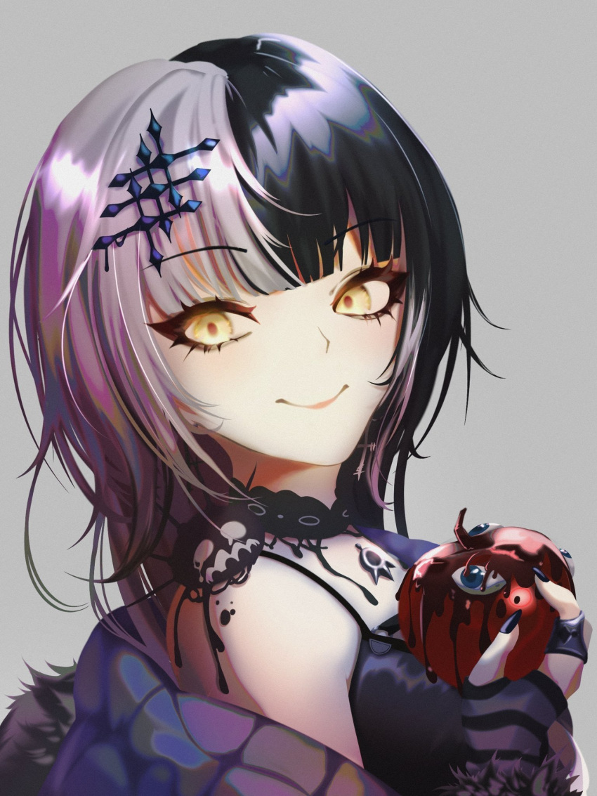 1girl, apple, black_choker, black_dress, black_hair, black_nails, choker, closed_mouth