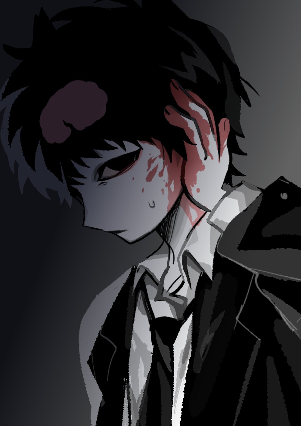1boy, black_eyes, black_hair, black_jacket, black_necktie, bleeding, blood, blood_on_face