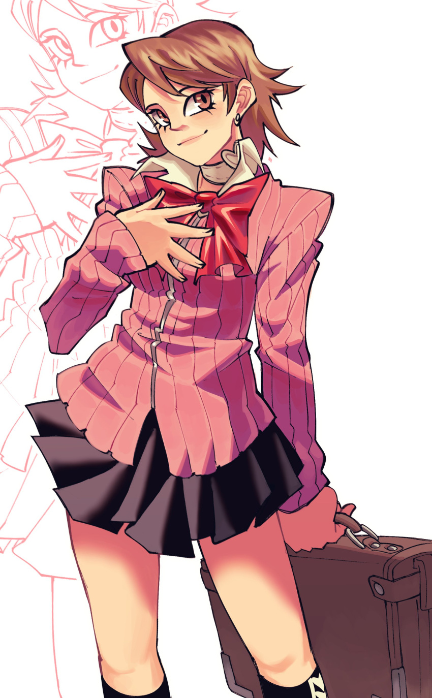 1girl, absurdres, bag, black_skirt, black_socks, blush, bow, brown_bag, brown_eyes, brown_hair, capsule_(capsulecomputrz), cardigan, choker, closed_mouth, collared_shirt, earrings, gekkoukan_high_school_uniform, hand_on_own_chest, heart, heart_choker, highres, holding, holding_bag, jewelry, kneehighs, long_eyelashes, long_sleeves, looking_to_the_side, persona, persona_3, pink_cardigan, projected_inset, red_bow, school_bag, school_uniform, shirt, short_hair, simple_background, skirt, smile, socks, solo, stud_earrings, takeba_yukari, white_background, white_choker, white_shirt