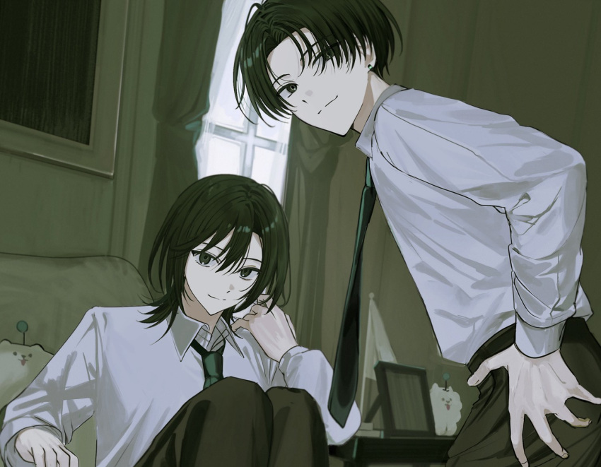 18trip, 1boy, 1girl, 22kolink, black_eyes, black_hair, closed_mouth, curtains
