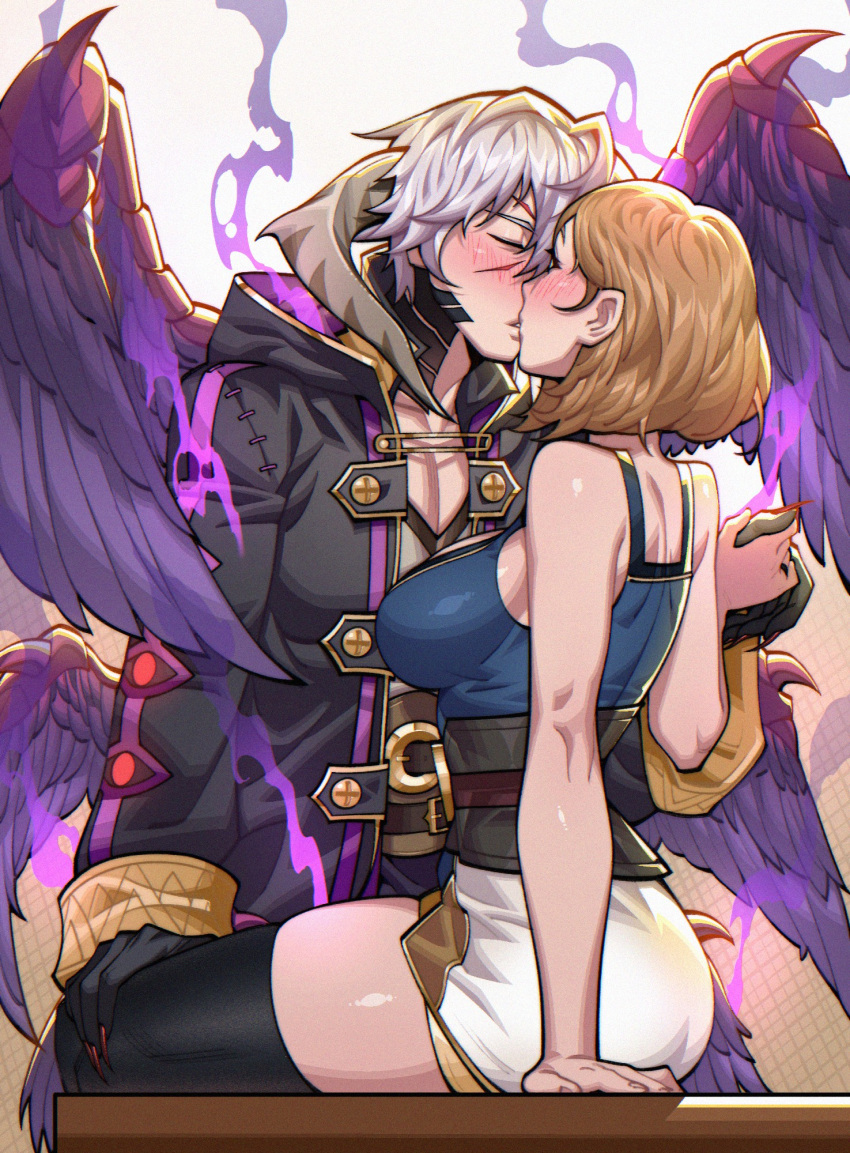 1boy, 1girl, aura, belt, belt_buckle, black_claws, black_cloak, black_thighhighs