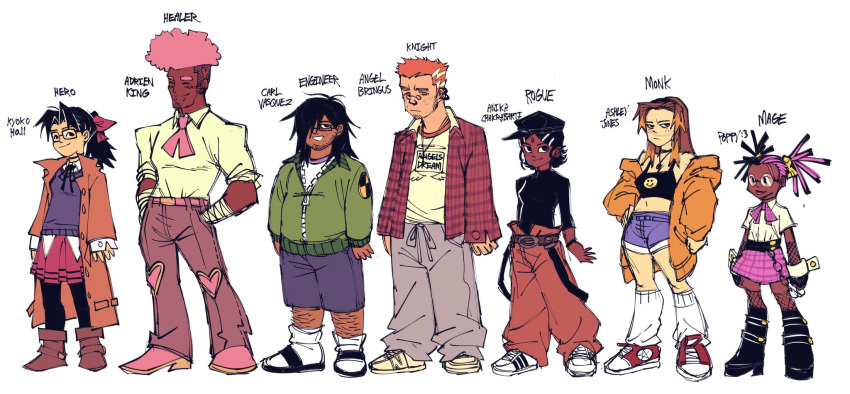 3boys, 4girls, afro, baggy_pants, bandaged_arm, bandages, beard_stubble, belt