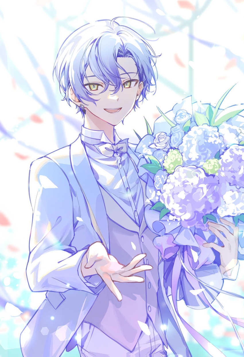18trip, 1boy, absurdres, blonde_hair, blurry, blurry_background, bouquet, bow