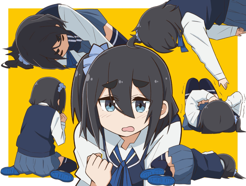 1girl, amamiya_satsuki_(mono), black_hair, blue_eyes, blue_ribbon, blue_shoes, blue_skirt, blue_sweater_vest