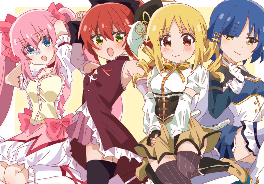 4girls, armpit_peek, blonde_hair, blue_eyes, blue_hair, blush, bocchi_the_rock!, border