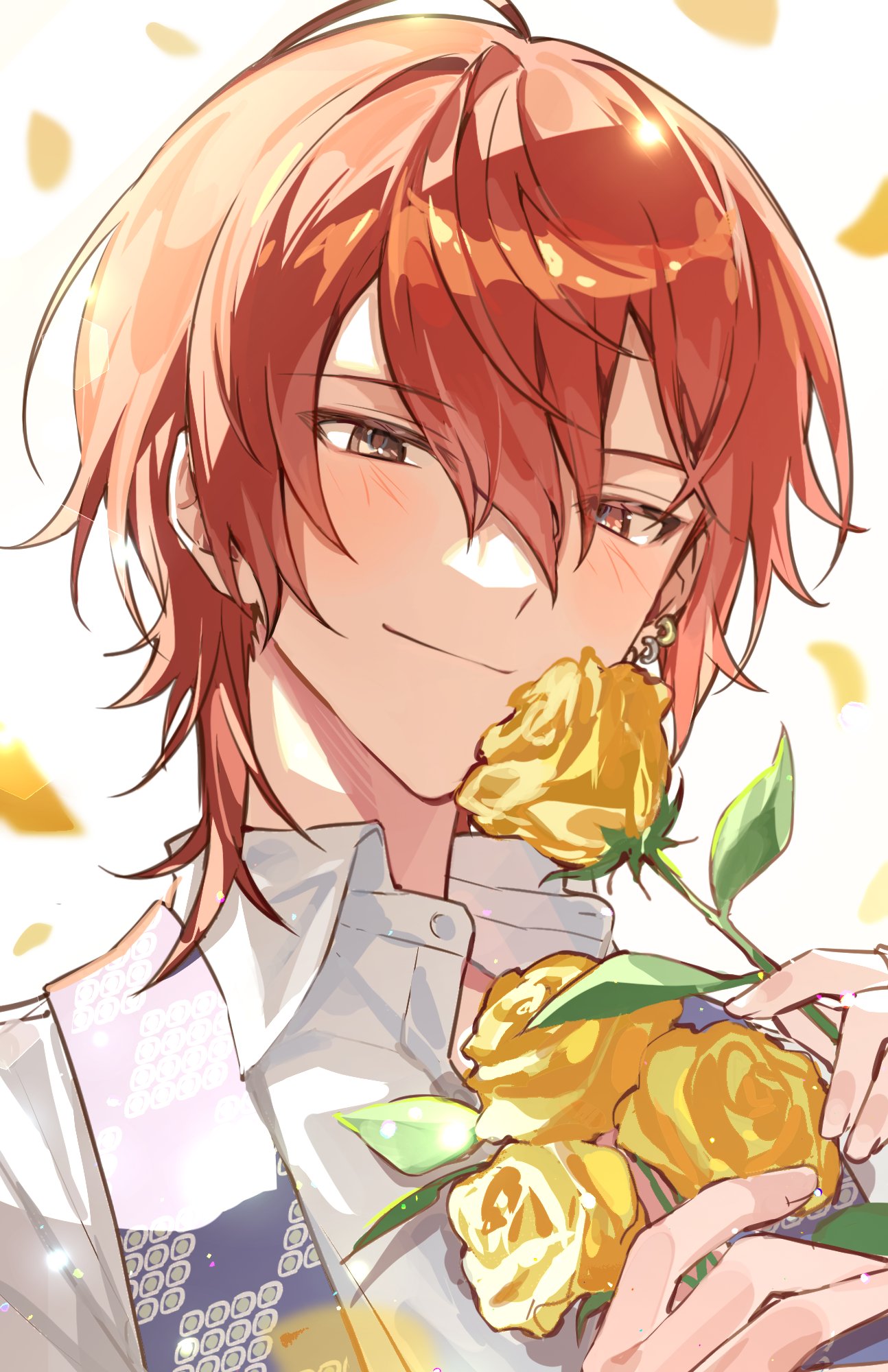 18trip, 1boy, closed_mouth, earrings, flower, hair_between_eyes, hamunicetrip, highres