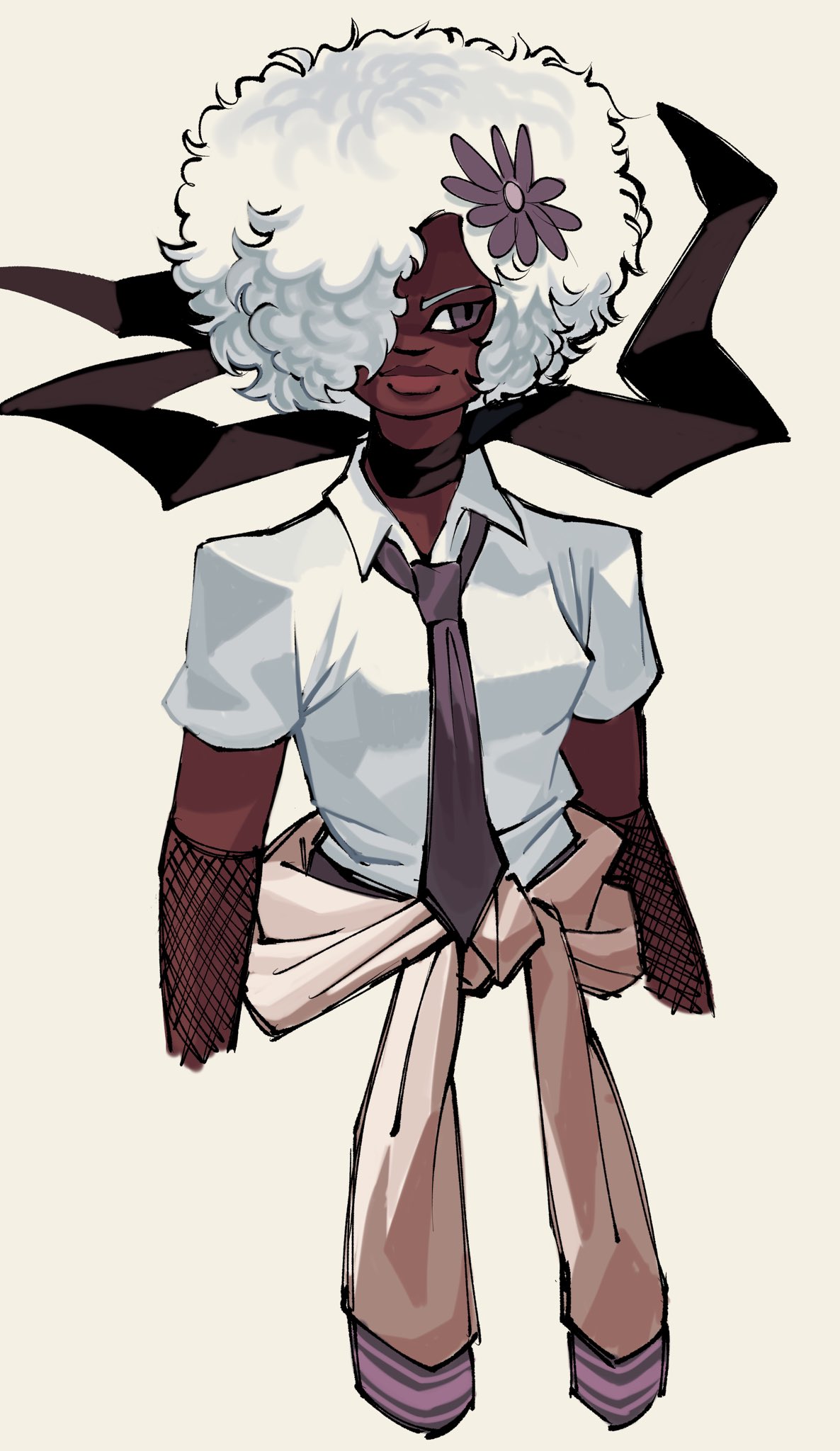1girl, afro, black_necktie, black_scarf, capsule_(capsulecomputrz), closed_mouth, clothes_around_waist, collared_shirt