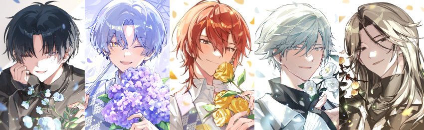 18trip, 5boys, absurdres, black_eyes, black_hair, black_shirt, blonde_hair, blue_flower