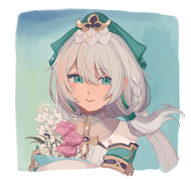 1girl, 8sayo7_(8sayo7honkai), aqua_eyes, bouquet, braid, commentary_request, floating_hair, flower